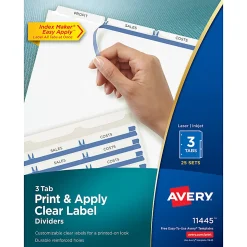 Avery® Customizable Index Maker® Dividers For 3 Ring Binder, Easy Print & Apply Clear Label Strip, 3 Tab, White, Box Of 25 Sets