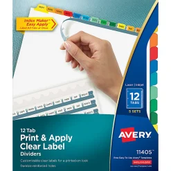 Avery® Customizable Index Maker® Dividers For 3 Ring Binder, Easy Print & Apply Clear Label Strip, 12 Tab, Multicolor, Pack Of 5 Sets