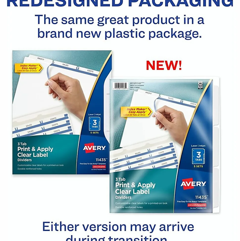 Avery® Customizable Index Maker® Dividers For 3 Ring Binder, Easy Print & Apply Clear Label Strip, 3 Tab, White, Pack Of 5 Sets