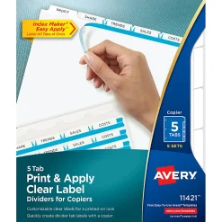 Avery® Customizable Index Maker® Dividers For 3 Ring Binder, Easy Print & Apply Clear Label Strip, 5 Tab, White, Copier, Pack Of 5 Sets