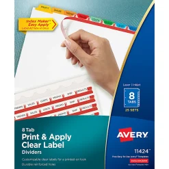 Avery® Customizable Index Maker® Dividers For 3 Ring Binder, Easy Print & Apply Clear Label Strip, 8 Tab, Multicolor, Box Of 25 Sets