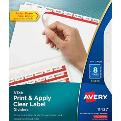 Avery® Customizable Index Maker® Dividers For 3 Ring Binder, Easy Print & Apply Clear Label Strip, 8 Tab, White, Pack Of 5 Sets