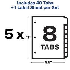 Avery® Customizable Index Maker® Dividers For 3 Ring Binder, Easy Print & Apply Clear Label Strip, 8 Tab, White, Pack Of 5 Sets