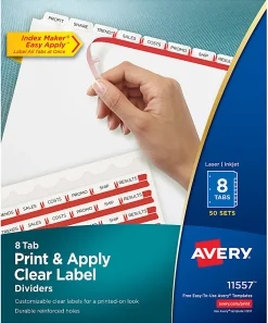 Avery® Customizable Index Maker® Dividers For 3 Ring Binder, Easy Print & Apply Clear Label Strip, 8 Tab, White, Pack Of 50 Sets