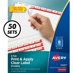 Avery® Customizable Index Maker® Dividers For 3 Ring Binder, Easy Print & Apply Clear Label Strip, 8 Tab, White, Pack Of 50 Sets