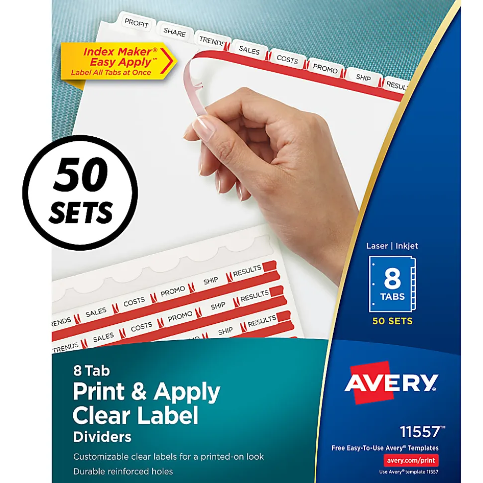 Avery® Customizable Index Maker® Dividers For 3 Ring Binder, Easy Print & Apply Clear Label Strip, 8 Tab, White, Pack Of 50 Sets