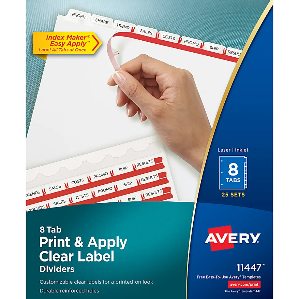 Avery® Customizable Index Maker® Dividers For 3 Ring Binder, Easy Print & Apply Clear Label Strip, 8 Tab, White, Box Of 25 Sets