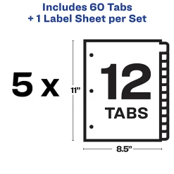 Avery® Customizable Index Maker® Dividers For 3 Ring Binder, Easy Print & Apply Clear Label Strip, 12 Tab, White, Pack Of 5 Sets