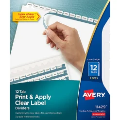 Avery® Customizable Index Maker® Dividers For 3 Ring Binder, Easy Print & Apply Clear Label Strip, 12 Tab, White, Pack Of 5 Sets