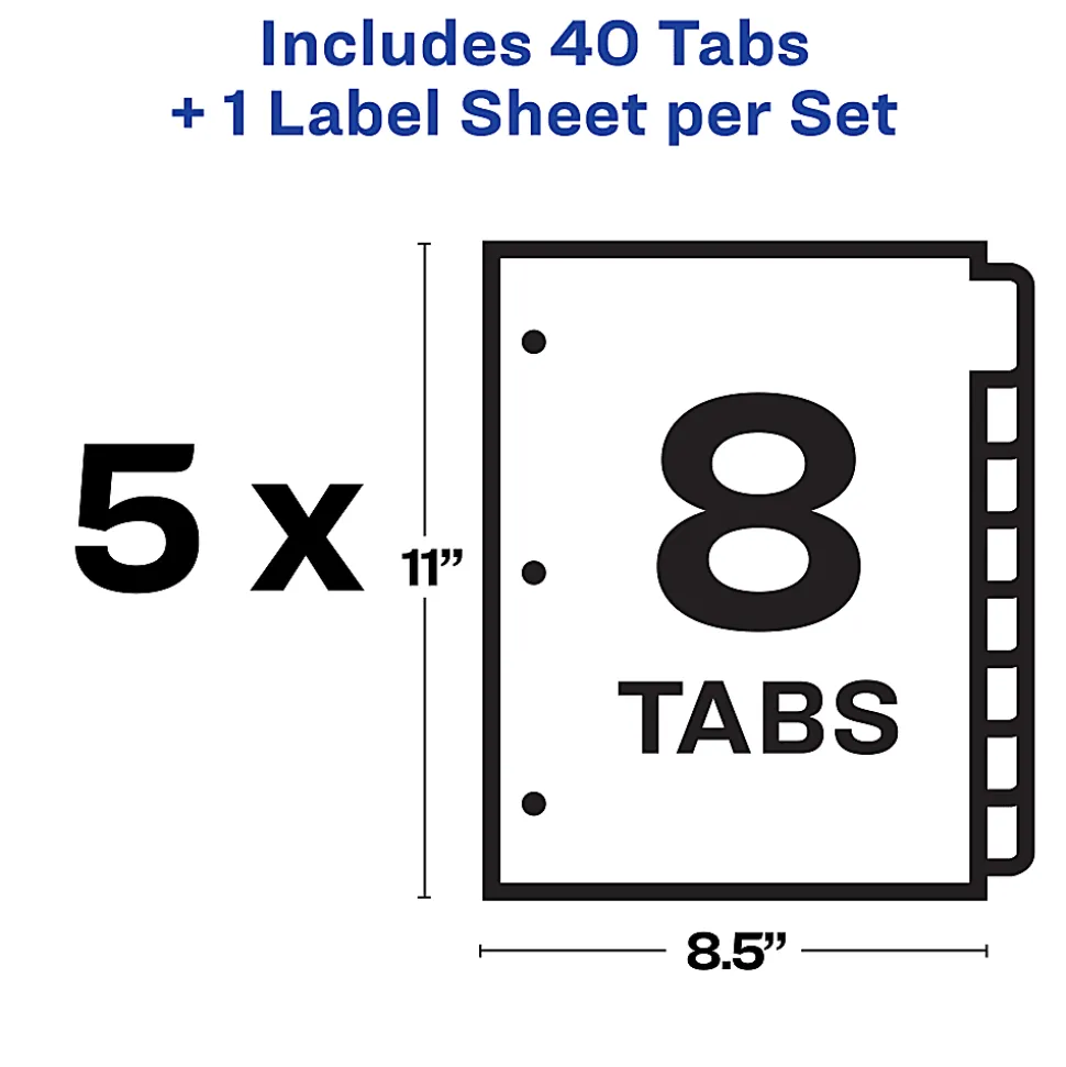 Avery® Customizable Index Maker® Dividers For 3 Ring Binder, Easy Print & Apply Clear Label Strip, 8 Tab, Multicolor, Pack Of 5 Sets