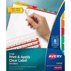 Avery® Customizable Index Maker® Dividers For 3 Ring Binder, Easy Print & Apply Clear Label Strip, 8 Tab, Multicolor, Pack Of 5 Sets