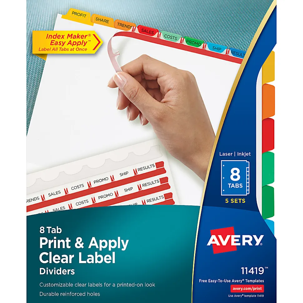 Avery® Customizable Index Maker® Dividers For 3 Ring Binder, Easy Print & Apply Clear Label Strip, 8 Tab, Multicolor, Pack Of 5 Sets