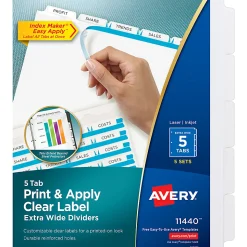 Avery® Customizable Index Maker® Extra-Wide Dividers For 3 Ring Binder, Easy Print & Apply Clear Label Strip, 5 Tab, Pack Of 5 Sets