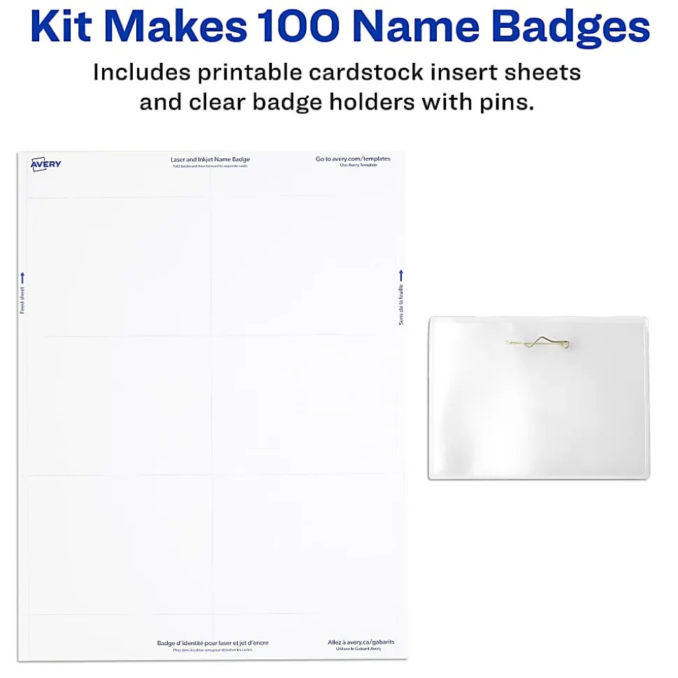 Avery® Customizable Name Badges With Pins, 74540, 3" x 4", Clear Name Tag Holders With White Printable Inserts, Pack of 100