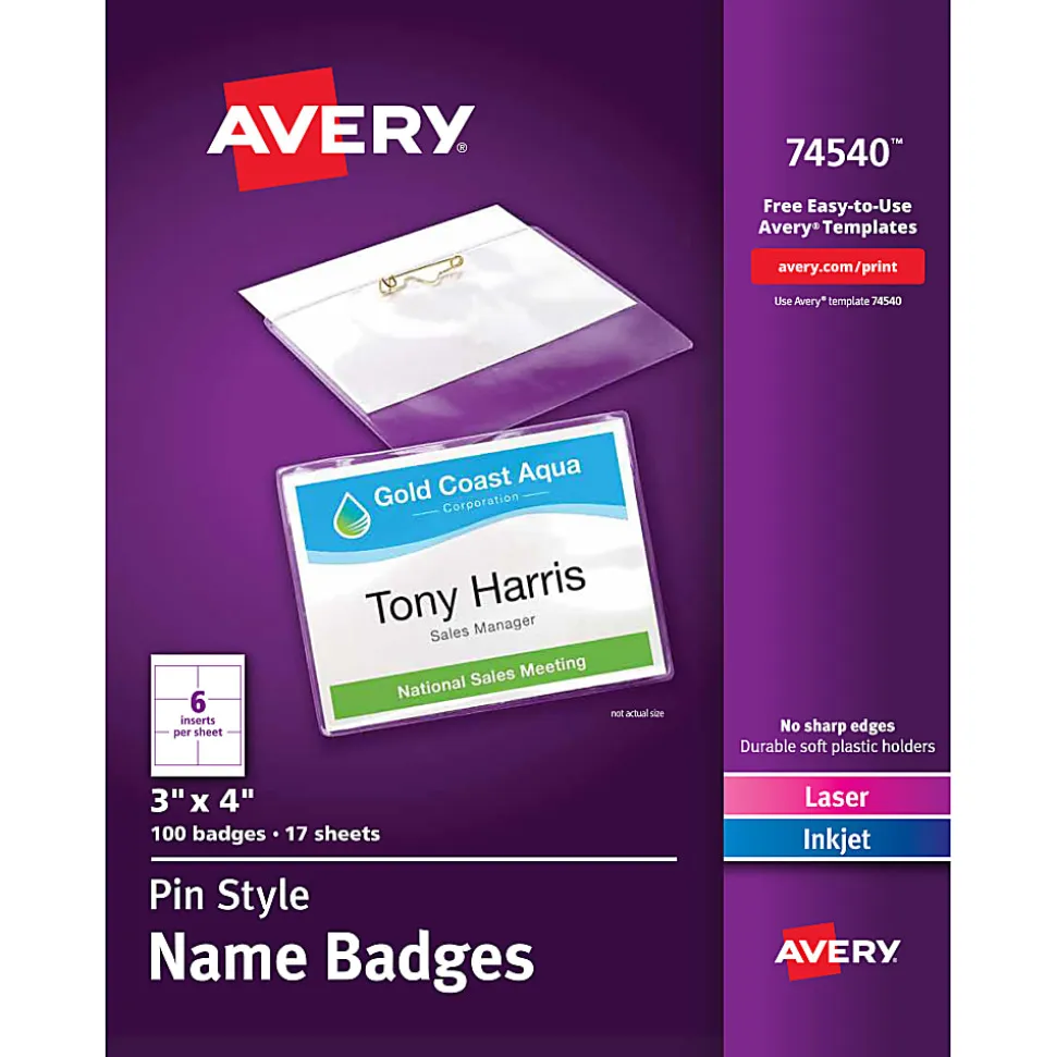 Avery® Customizable Name Badges With Pins, 74540, 3" x 4", Clear Name Tag Holders With White Printable Inserts, Pack of 100