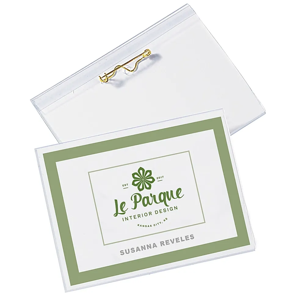 Avery® Customizable Name Badges With Pins, 74540, 3" x 4", Clear Name Tag Holders With White Printable Inserts, Pack of 100