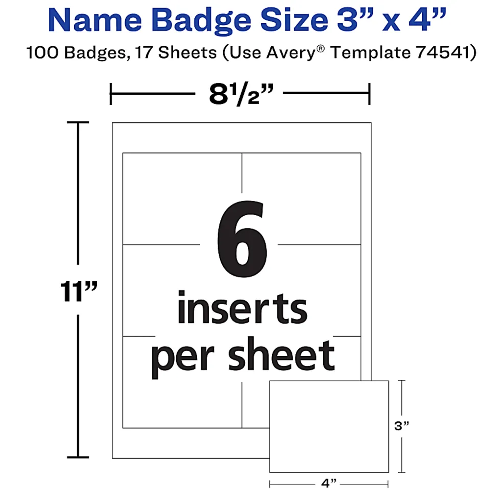 Avery® Customizable Name Badges With Clips, Rectangle, 74541, 3" x 4", Clear Holders With White Inserts, 100 Badges