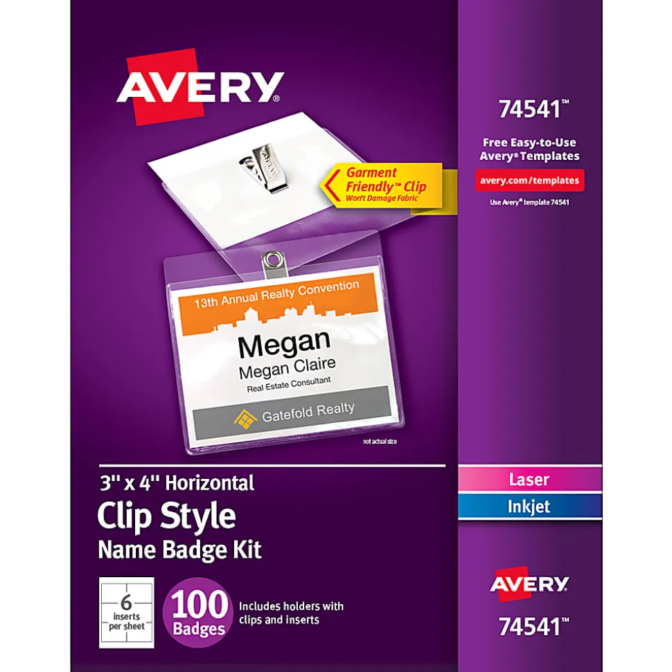 Avery® Customizable Name Badges With Clips, Rectangle, 74541, 3" x 4", Clear Holders With White Inserts, 100 Badges
