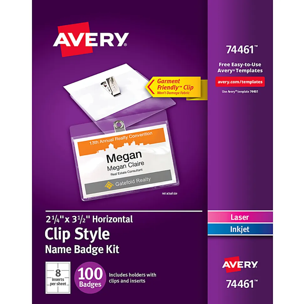 Avery® Customizable Name Badges With Clips, Rectangle, 74461, 2-1/4" x 3-1/2", Clear Holders With White Inserts, 100 Badges