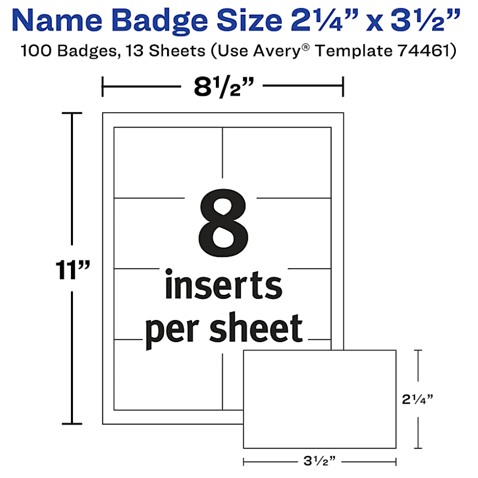 Avery® Customizable Name Badges With Clips, Rectangle, 74461, 2-1/4" x 3-1/2", Clear Holders With White Inserts, 100 Badges