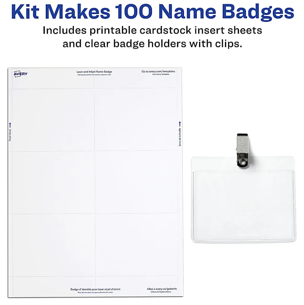 Avery® Customizable Name Badges With Clips, Rectangle, 74461, 2-1/4" x 3-1/2", Clear Holders With White Inserts, 100 Badges
