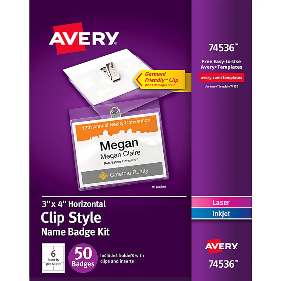 Avery® Customizable Name Badges With Clips, Rectangle, 74536, 3" x 4", Clear Holders With White Inserts, Box Of 50