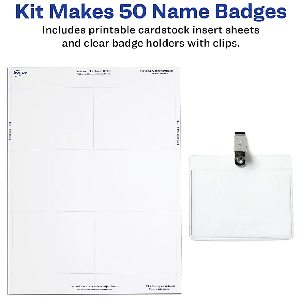 Avery® Customizable Name Badges With Clips, Rectangle, 74536, 3" x 4", Clear Holders With White Inserts, Box Of 50