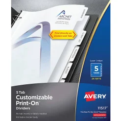 Avery® Customizable Print-On™ Dividers, 8 1/2" x 11", 5 Tabs, White, Pack Of 25 Sets