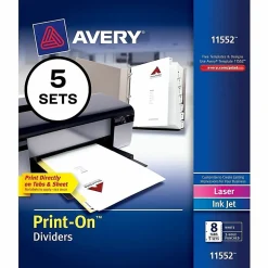 Avery® Customizable Print-On™ Dividers, 8 1/2" x 11", 8 Tab, White, Pack Of 5 Sets