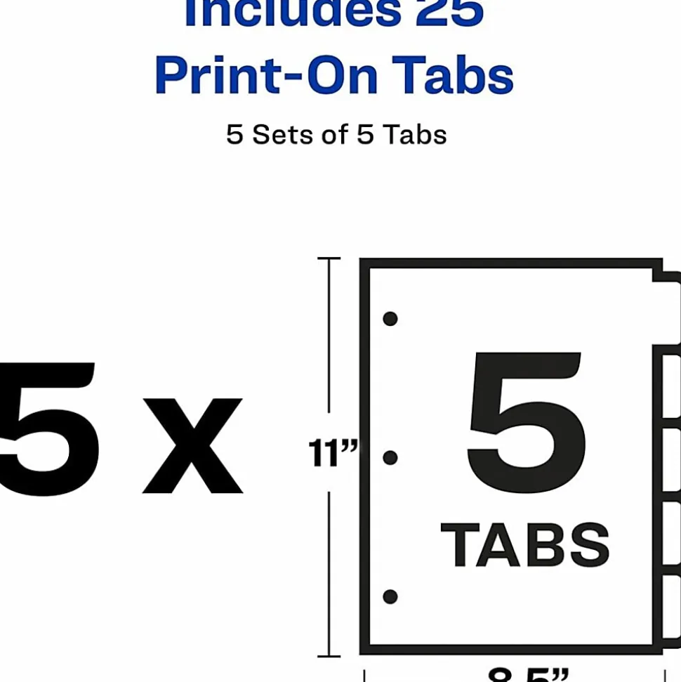 Avery® Customizable Print-On™ Dividers, 8 1/2" x 11", 5 Tabs, Pack Of 5 Sets