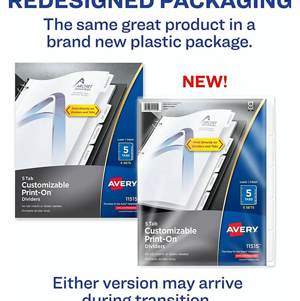 Avery® Customizable Print-On™ Dividers, 8 1/2" x 11", 5 Tabs, Pack Of 5 Sets