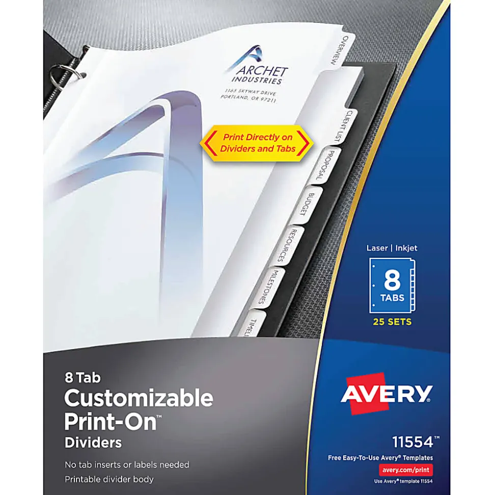 Avery® Customizable Print-On™ Dividers, 8 1/2" x 11", 8 Tabs, White, Pack Of 25 Sets