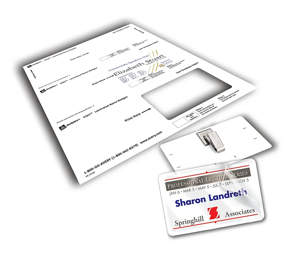 Avery® Customizable Self-Laminating Name Badges, 5362, 2.25" x 3.5", White, 30 Name Tags With Clips