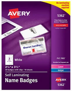 Avery® Customizable Self-Laminating Name Badges, 5362, 2.25" x 3.5", White, 30 Name Tags With Clips