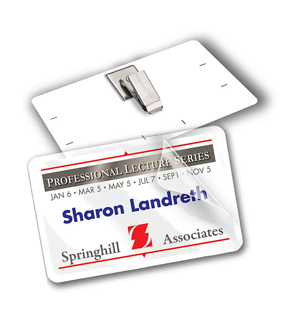 Avery® Customizable Self-Laminating Name Badges, 5362, 2.25" x 3.5", White, 30 Name Tags With Clips
