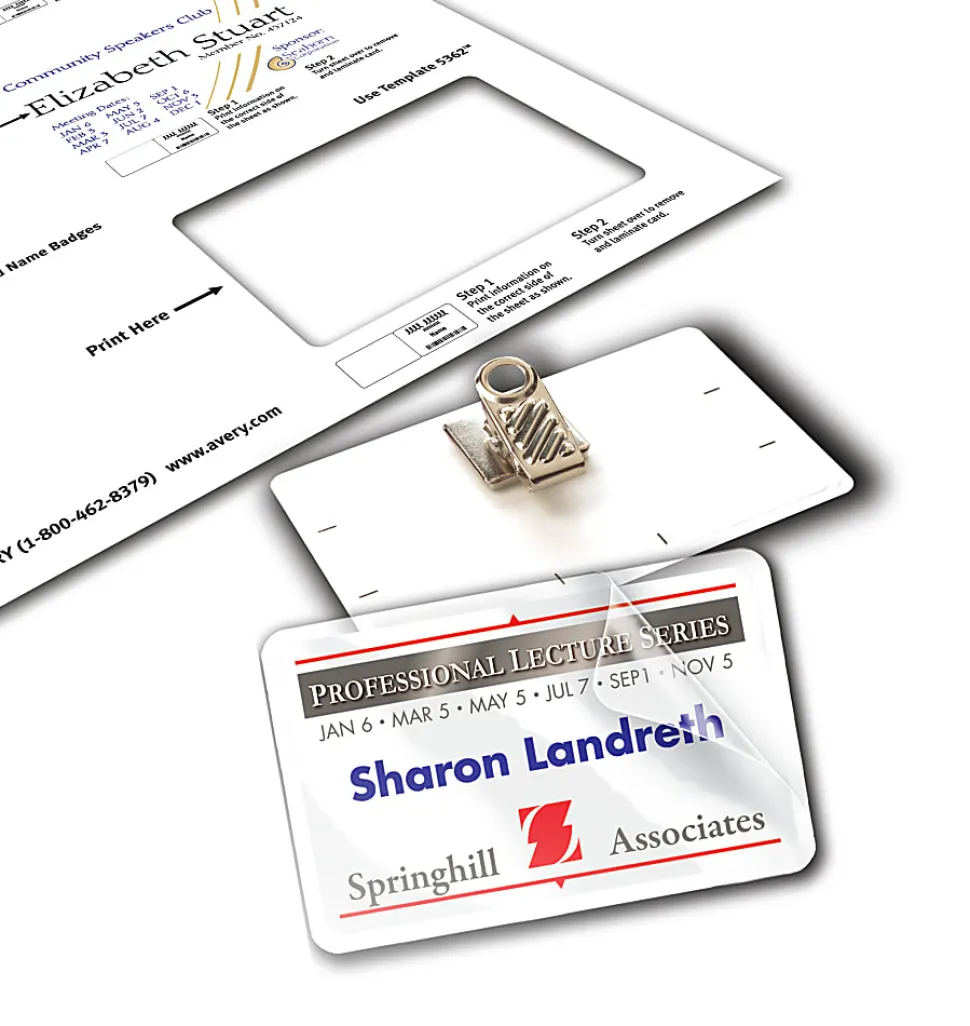 Avery® Customizable Self-Laminating Name Badges, 5362, 2.25" x 3.5", White, 30 Name Tags With Clips