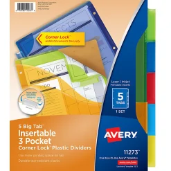 Avery® Dividers for 3 Ring Binders, 5-Tab Binder Dividers, Three-Pocket Plastic Binder Dividers , Multicolor, 1 Set (11273)