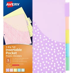 Avery® Dividers For 3 Ring Binders, 5-Tab Binder Dividers, Plastic Binder Dividers With Pockets, Insertable Big Tab™, 1 Set (07714)