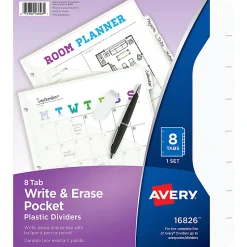 Avery® Durable Plastic 8-Tab Write & Erase Dividers For 3 Ring Binders With Slash Pocket, 9-1/4" x 11-1/4", Translucent White, 1 Set