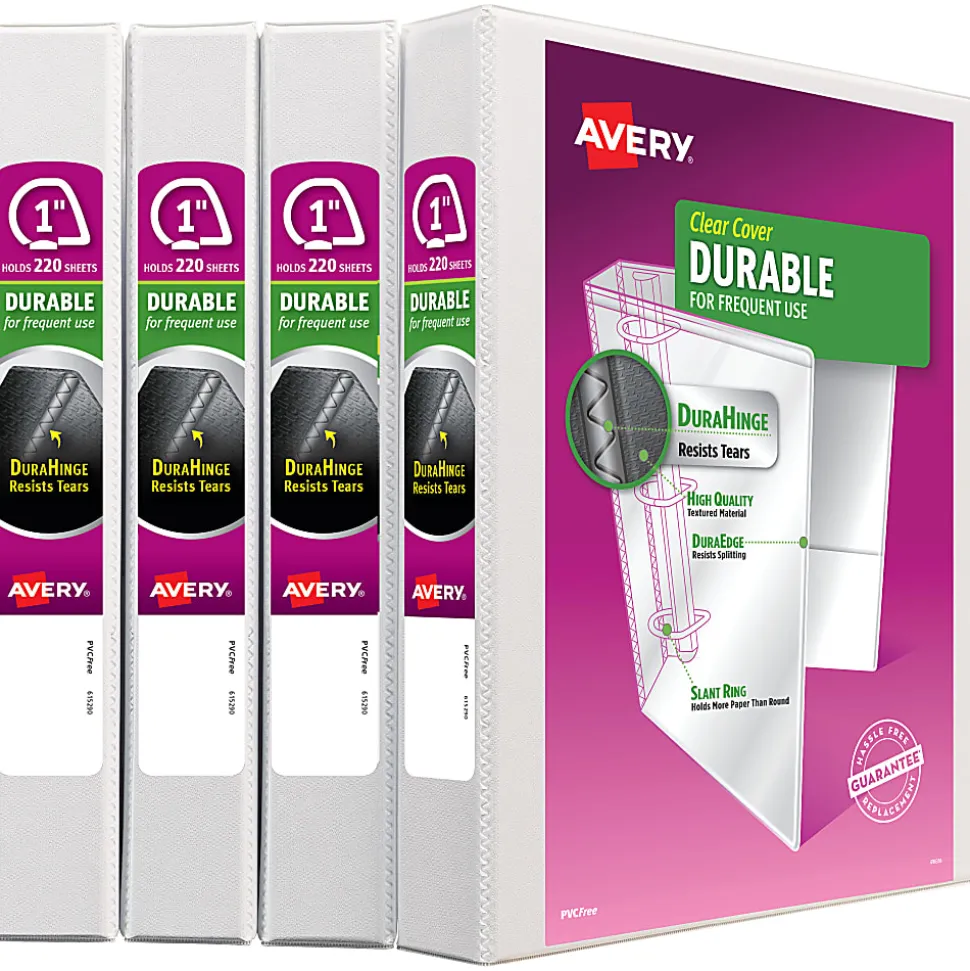 Avery® Durable View Binders, Letter-Size, 1" Slant Rings, 42% Recycled, White, Pack Of 4 Binders