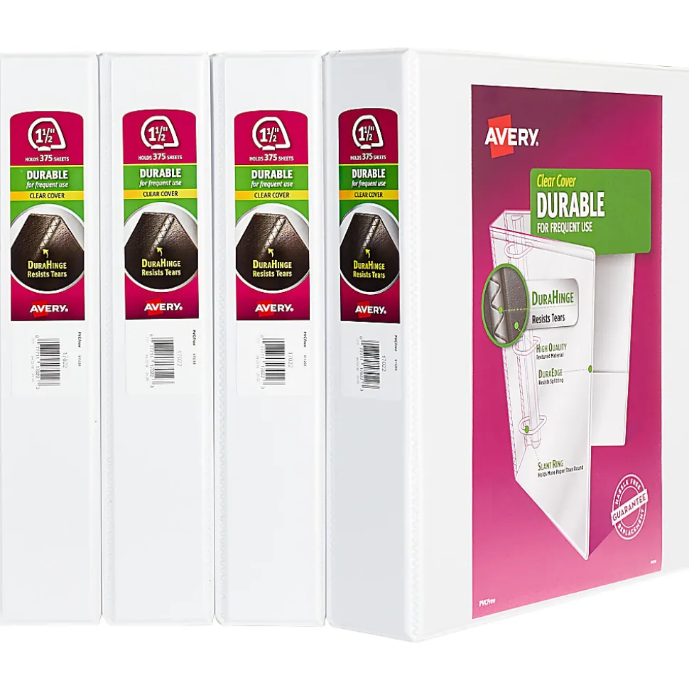 Avery® Durable View Binders, Letter-Size, 1-1/2" Slant Rings, 41% Recycled, White, Pack Of 4 Binders
