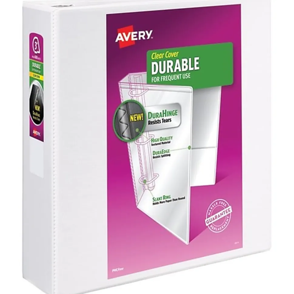 Avery® Durable View 3 Ring Binder, 3" Slant Rings, White, 1 Binder