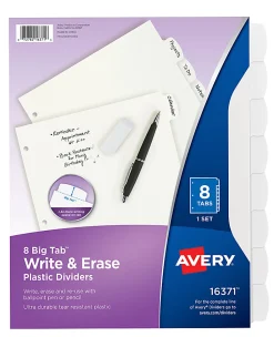 Avery® Durable Write-On Plastic Dividers With Erasable Tabs, 8 1/2" x 11", White, 8 Tabs