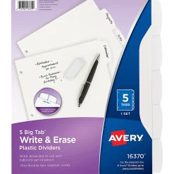 Avery® Durable Write-On Plastic Dividers With Erasable Tabs, 8 1/2" x 11", White, 5 Tabs