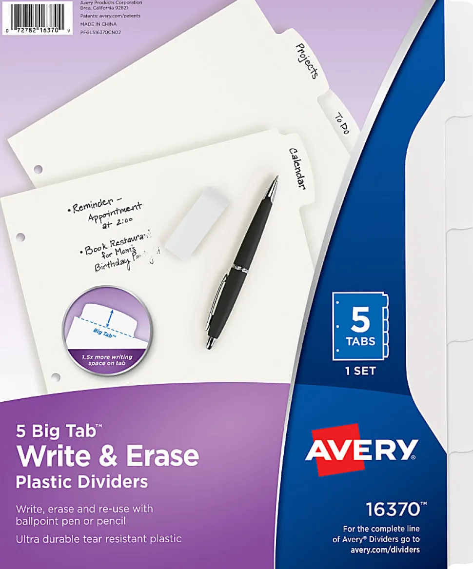 Avery® Durable Write-On Plastic Dividers With Erasable Tabs, 8 1/2" x 11", White, 5 Tabs