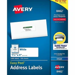 Avery® Easy Peel® Address Labels With Sure Feed® Technology, 8462, Rectangle, 1-1/3" x 4", White, Box Of 1,400