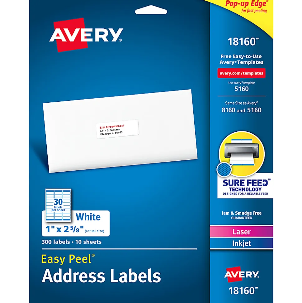 Avery® Easy Peel® Address Labels With Sure Feed® Technology, 18160, Rectangle, 1" x 2-5/8", Matte White, Pack Of 300
