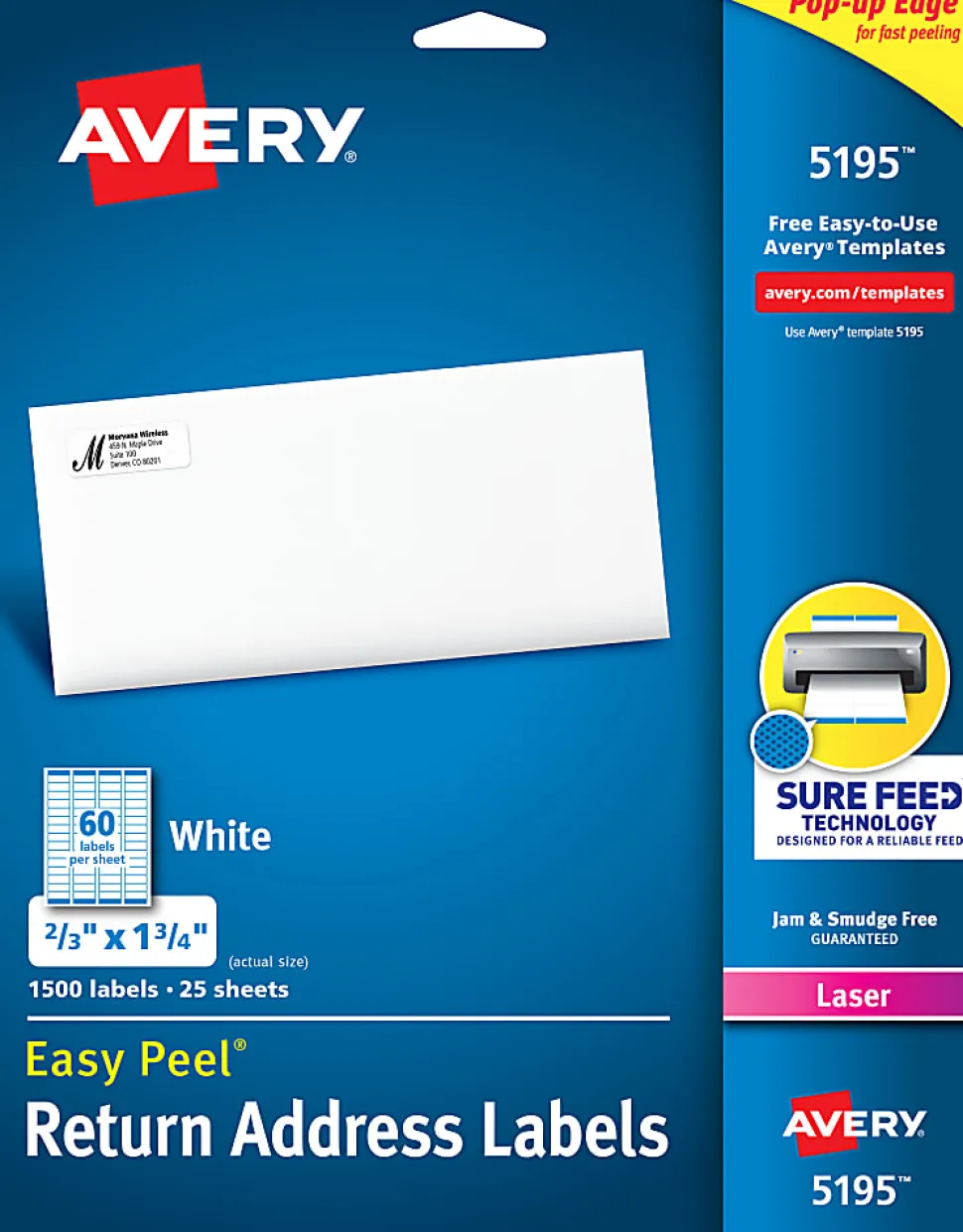 Avery® Easy Peel® Address Labels With Sure Feed® Technology, 5195, Rectangle, 2/3" x 1-3/4", Matte White, Pack Of 1,500