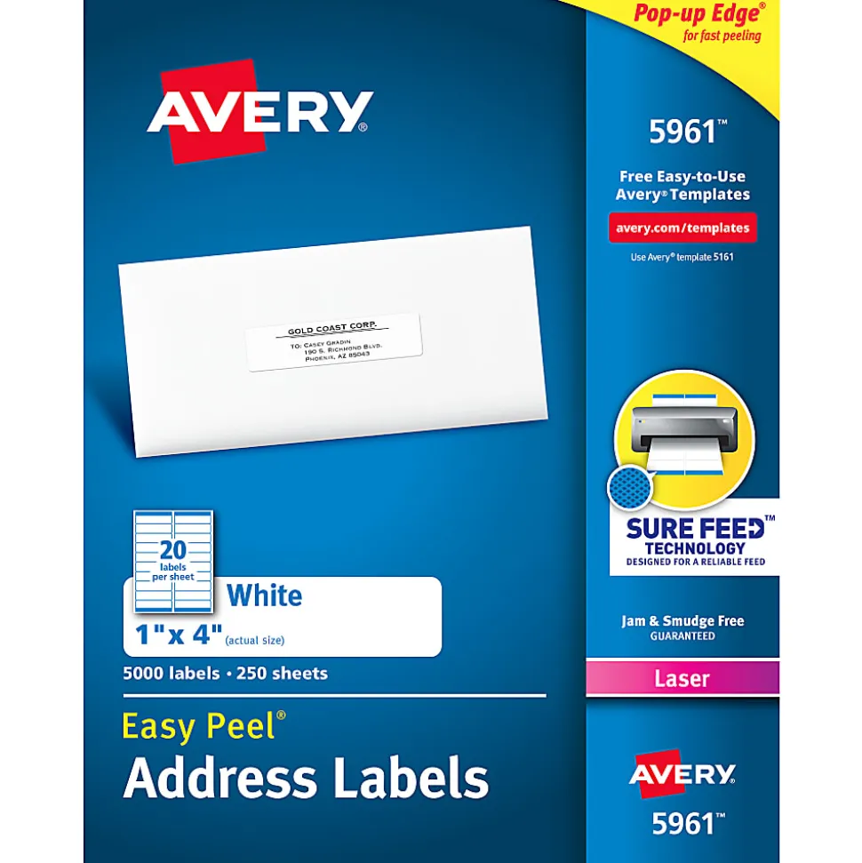 Avery® Easy Peel® Address Labels With Sure Feed® Technology, 5961, Rectangle, 1" x 4", Matte White, Box Of 5,000
