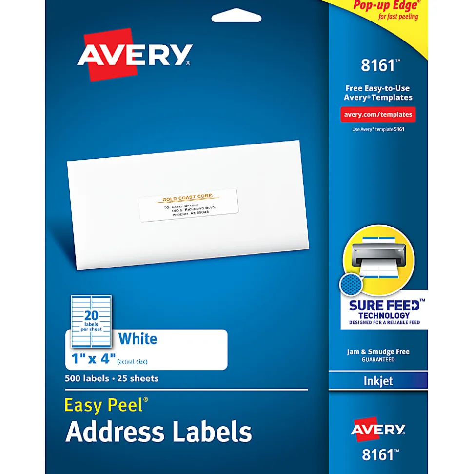 Avery® Easy Peel® Address Labels With Sure Feed® Technology, 8161, Rectangle, 1" x 4", Matte White, Pack Of 500
